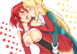 Rule 34 | 10s, 2girls, bare shoulders, blonde hair, blush, grabbing another&#039;s breast, breasts, breasts out, breath, dress, closed eyes, fingering, french kiss, grabbing, green dress, highres, izetta, kiss, lactation, large breasts, long hair, multiple girls, nipples, open mouth, ortfine fredericka von eylstadt, red dress, red eyes, red hair, saliva, short hair, shuumatsu no izetta, sweat, tongue, tongue out, yuri, yuunagi (0217)