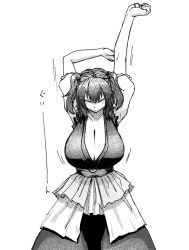 Rule 34 | 1girl, arms up, breasts, cleavage, cowboy shot, dress, closed eyes, greyscale, hair bobbles, hair ornament, huge breasts, koyubi (littlefinger1988), monochrome, onozuka komachi, puffy short sleeves, puffy sleeves, sash, short sleeves, simple background, solo, standing, stretching, touhou, two side up, white background