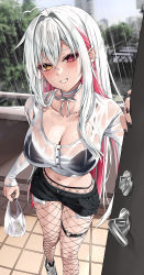 Rule 34 | 1girl, absurdres, ahoge, black bra, black nails, black shorts, blurry, blurry background, bra, breasts, choker, cleavage, cloud, cloudy sky, collared shirt, ear piercing, earrings, fishnets, grin, heterochromia, highres, jewelry, large breasts, midriff, multicolored hair, nail polish, navel, nike (company), open door, original, piercing, rain, see-through, shirt, shoes, short shorts, shorts, sky, sleeves past wrists, smile, sneakers, streaked hair, thigh strap, tile floor, tiles, underwear, vitaminechan, vivi (vitaminechan), white choker, white hair, white shirt