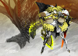 Rule 34 | 1girl, armor, black gloves, blonde hair, boots, dragon, dress, eyepatch, flag, gloves, green eyes, guitar, hair ornament, hair ribbon, hairclip, highres, instrument, kagamine rin, long hair, long sleeves, nagimiso, outstretched arms, reactor (module), ribbon, roshin yuukai (vocaloid), solo, spread arms, sword, thigh boots, thighhighs, twintails, vocaloid, weapon, white thighhighs, yellow dress, zettai ryouiki