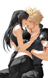 Rule 34 | 1boy, 1girl, alcohol, arm ribbon, armor, bare shoulders, black gloves, black hair, blonde hair, blush, breasts, clothes lift, cloud strife, couple, crop top, duoj ji, earrings, final fantasy, final fantasy vii, final fantasy vii advent children, finger to another&#039;s mouth, french kiss, gloves, hand on another&#039;s ass, hetero, high collar, highres, jewelry, kiss, large breasts, long hair, red wine, ribbon, ring, shirt lift, shoulder armor, simple background, sleeveless, spiked hair, tifa lockhart, tongue, tongue out, wine