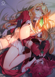 Rule 34 | 2girls, absurdres, armor, bare legs, bed sheet, between thighs, black gloves, blonde hair, blush, closed mouth, covering own mouth, dress, dual persona, elbow gloves, female focus, fingerless gloves, gem, gloves, grandia lee, green gemstone, hand on another&#039;s thigh, highres, impossible clothes, light, long hair, looking at viewer, lying, matching hair/eyes, multiple girls, mythra (xenoblade), nintendo, on back, on bed, pleated dress, pyra (xenoblade), red eyes, red hair, red legwear, red shorts, short dress, short shorts, shorts, shoulder armor, swept bangs, thigh strap, thighhighs, thighs, tiara, v-shaped eyebrows, very long hair, white dress, white gloves, xenoblade chronicles (series), xenoblade chronicles 2, yellow eyes