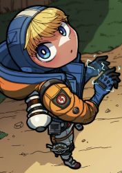 Rule 34 | 1girl, animification, apex legends, blonde hair, blue bodysuit, blue gloves, blue headwear, bodysuit, bright pupils, cable, electricity, facial scar, from above, gloves, head tilt, highres, hood, hooded bodysuit, hooded jacket, ichigo-ya (ichigoyasan158), jacket, looking up, open mouth, ribbed bodysuit, scar, scar on cheek, scar on face, solo, wattson (apex legends), white bodysuit, white pupils