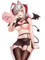 Rule 34 | 1girl, absurdres, ahoge, alternate costume, antennae, arknights, black choker, black skirt, breasts, brown thighhighs, choker, cleavage, cleavage cutout, clothing cutout, crop top, demon girl, demon horns, demon tail, demon wings, garter belt, garter straps, grey hair, hair ornament, hairclip, heart cutout, highres, horns, large breasts, looking at viewer, medium hair, midriff, mini wings, miniskirt, momosawa nao, navel, pleated skirt, revealing clothes, side slit, simple background, skirt, sleeveless, solo, stomach, tail, thighhighs, tongue, tongue out, underboob, w (arknights), white background, wings