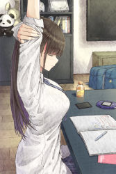 Rule 34 | 1girl, absurdres, aramachi, bag, black hair, breasts, rabbit, cellphone, closed eyes, game boy advance, game console, handheld game console, highres, indoors, large breasts, long hair, necktie, notebook, original, panda, phone, school bag, school uniform, sega dreamcast, sitting, smartphone, soda bottle, solo, stretching, stuffed animal, stuffed toy