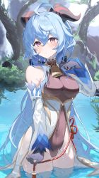 Rule 34 | 1girl, absurdres, ahoge, bare shoulders, bell, blue hair, blush, breasts, detached sleeves, ganyu (genshin impact), genshin impact, gloves, goat horns, highres, horns, in water, kabedoru, leotard, long hair, looking at viewer, low ponytail, medium breasts, multicolored eyes, neck bell, partially submerged, purple eyes, shallow water, sidelocks, solo, thighs, water, wet, wet clothes