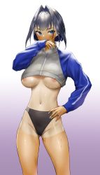 Rule 34 | 1girl, absurdres, areola slip, black hair, black panties, blue eyes, blue nails, blush, breasts, clueless, covering own mouth, cowboy shot, cropped jacket, female pubic hair, hair intakes, hand on own hip, hand up, highleg, highleg panties, highres, hololive, hololive english, jacket, kuroi suna, large breasts, long sleeves, multicolored clothes, multicolored jacket, nail polish, nipple slip, nipples, ouro kronii, panties, pubic hair, pubic hair peek, short hair, sideways glance, solo, standing, sweat, tan, tanline, two-tone jacket, underboob, underwear, virtual youtuber, zipper