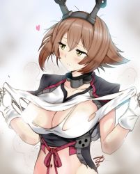 Rule 34 | 1girl, blush, breasts, brown hair, censored, censored nipples, cleavage, clothes pull, collar, collarbone, embarrassed, gloves, gradient background, green eyes, groin, headgear, heart, kantai collection, large breasts, looking to the side, metal collar, mutsu (kancolle), mutsu kai ni (kancolle), navel, short hair, shrug (clothing), solo, torn clothes, upper body, white gloves, yamasaki wataru