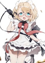 Rule 34 | 1girl, :d, aged down, assault rifle, bespectacled, black-framed eyewear, black dress, black footwear, blonde hair, blue eyes, bow, bowtie, braid, commentary, dress, frilled dress, frills, g36 (girls&#039; frontline), g36 (mini maid) (girls&#039; frontline), girls&#039; frontline, glasses, gloves, gun, h&amp;k g36, highres, jumping, legs up, looking at viewer, maid, maid headdress, mary janes, official alternate costume, open mouth, red bow, red bowtie, rifle, sabashi, semi-rimless eyewear, shoes, short dress, short hair, simple background, sleeveless, sleeveless dress, smile, socks, solo, standing, under-rim eyewear, weapon, weapon on back, white background, white gloves, white socks