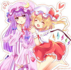 Rule 34 | 2girls, :o, ^ ^, artist name, ascot, barefoot, blonde hair, blue bow, blush, book, border, bow, capelet, closed eyes, commentary request, cowboy shot, crescent, crescent hair ornament, crystal, dress, fang, flandre scarlet, frilled bow, frilled capelet, frilled shirt collar, frills, hair between eyes, hair bow, hair ornament, hand up, hat, hat bow, heart, highres, holding, holding book, long hair, long sleeves, looking at another, mob cap, multiple girls, neck ribbon, open mouth, orange border, parted lips, patchouli knowledge, petticoat, puffy short sleeves, puffy sleeves, purple capelet, purple dress, purple eyes, purple hair, purple hat, ramudia (lamyun), red bow, red ribbon, red skirt, red vest, ribbon, short hair, short sleeves, side ponytail, sidelocks, simple background, skirt, standing, striped clothes, striped dress, thighs, touhou, twitter username, vertical-striped clothes, vertical-striped dress, vest, white background, white hat, wings, wrist cuffs, yellow neckwear, yuri