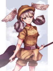 Rule 34 | 1girl, :o, alternate costume, backpack, bag, belt, breast pocket, breasts, buttons, collared shirt, costume request, cowboy shot, flag, head wings, helmet, highres, holding, holding flag, holding staff, medium breasts, melia antiqua, nintendo, pith helmet, pocket, shirt, short sleeves, shorts, silver hair, solo, staff, sum 88, untucked shirt, wings, xenoblade chronicles (series), xenoblade chronicles 1