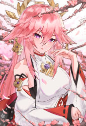 Rule 34 | 1girl, absurdres, animal ears, cherry blossoms, commentary request, detached sleeves, earrings, fox ears, genshin impact, hair between eyes, hair ornament, head tilt, highres, japanese clothes, jewelry, long hair, looking at viewer, melt (ghfla10), miko, necklace, petals, pink hair, purple eyes, ribbon-trimmed sleeves, ribbon trim, sidelocks, smile, solo, tree shade, vision (genshin impact), wide sleeves, yae miko