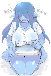 Rule 34 | 1girl, bad id, bad pixiv id, blue hair, blue skin, breast rest, breasts, colored skin, kamaboko (ossann0125), large breasts, monster girl, open mouth, shirt, slime girl, solo, wet, wet clothes, wet shirt