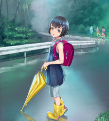 Rule 34 | 3girls, :o, backpack, bag, bare shoulders, black hair, blue dress, blush, bob cut, boots, brown eyes, brown hair, child, closed umbrella, commentary request, dress, from behind, from side, full body, grass, grey legwear, grey neckerchief, grey shorts, grey skirt, hair ornament, hairclip, highres, holding, holding umbrella, charm (object), kneehighs, looking at viewer, looking back, multiple girls, neckerchief, open mouth, original, pink shirt, plant, pleated dress, pleated skirt, rain, randoseru, reflection, road, rubber boots, sailor collar, sailor dress, shirt, short hair, short sleeves, shorts, shorts under dress, skirt, sleeveless, sleeveless dress, socks, sody, solo focus, standing, street, umbrella, undershirt, wet, yellow dress, yellow footwear