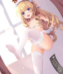 Rule 34 | 1girl, absurdres, alternate costume, azur lane, black hairband, blonde hair, blue eyes, bow, bra, crown, feet, gloves, hairband, highres, long hair, mini crown, no shoes, open mouth, panties, queen elizabeth (azur lane), sechka, soles, striped clothes, striped hairband, thighhighs, underwear, white bow, white bra, white gloves, white panties, white thighhighs