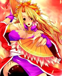 Rule 34 | 1girl, akahoshi kenji, blonde hair, breasts, cleavage, dual wielding, hand fan, fantasy, feather fan, folding fan, holding, japanese clothes, petals, red eyes, solo, thighhighs