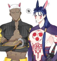 Rule 34 | 2boys, abs, alternate pectoral size, animal ears, bare pectorals, cat boy, cat ears, chest tattoo, crossed arms, cu chulainn (fate), cu chulainn (fate) (all), cu chulainn (fate/stay night), cu chulainn alter (fate), cu chulainn alter (fate/grand order), dark-skinned male, dark skin, emiya alter, fate/grand order, fate (series), inverted nipples, kemonomimi mode, lancer, large pectorals, long hair, looking at viewer, male focus, motion lines, multiple boys, muscular, muscular male, navel, nipples, pectoral cleavage, pectorals, ponytail, puffy chest, rabbit boy, rabbit ears, seum (kao husband), short hair, shrug (clothing), tattoo, upper body, very dark skin, white hair