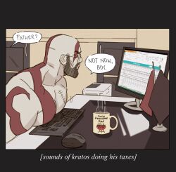 Rule 34 | 1boy, bald, bara, beard, bespectacled, bouncing pecs, chest tattoo, coffee mug, cup, dilfborne (ventiskull), english text, facial hair, from side, frown, glasses, god of war, highres, keyboard (computer), kratos (god of war), male focus, mature male, meme, monitor, motion lines, mouse (computer), mug, muscular, muscular male, pale skin, parody, pectoral press, pectoral typing (meme), pectorals, round eyewear, solo, tattoo, topless male, upper body