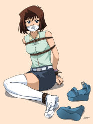 Rule 34 | 1girl, arms behind back, bare shoulders, bdsm, blue eyes, blue footwear, bondage, bound, bound ankles, bound arms, bound wrists, brown hair, button gap, cloth gag, gag, gagged, highres, improvised gag, lost one zero, mazaki anzu, medium hair, navel, over the mouth gag, platform footwear, rope, shirt, shoes, shorts, sitting, sleeveless, sleeveless shirt, sweat, thighhighs, unworn shoes, white thighhighs, yu-gi-oh!, yu-gi-oh! duel monsters, zettai ryouiki