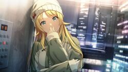 Rule 34 | 1girl, beanie, blonde hair, blue eyes, building, elevator, game cg, hachimiya meguru, hat, idolmaster, idolmaster shiny colors, official art, solo