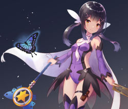 Rule 34 | 1girl, absurdres, black hair, breasts, brown eyes, bug, butterfly, card, caster class (fate), detached sleeves, fate/kaleid liner prisma illya, fate (series), hair ornament, hairclip, highres, holding, holding card, holding wand, insect, kaleidostick, leotard, magical girl, magical sapphire, miyu edelfelt, purple leotard, purple thighhighs, small breasts, thighhighs, wand, x hair ornament, yellow eyes, yonkumi (gatling033)