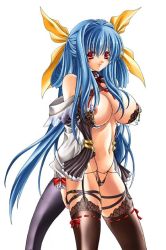 Rule 34 | 1girl, arc system works, blue hair, breasts, cleavage, detached sleeves, dizzy (guilty gear), guilty gear, huge breasts, lace, lace-trimmed legwear, lace trim, large breasts, lingerie, long hair, nipples, red eyes, ribbon, shujin, simple background, solo, tail, thighhighs, twintails, underwear, white background