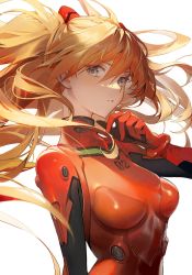 Rule 34 | 1girl, absurdres, breasts, commentary request, grey eyes, hair between eyes, highres, long hair, looking at viewer, medium breasts, neon genesis evangelion, orange hair, plugsuit, shycocoa, simple background, solo, souryuu asuka langley, upper body, white background
