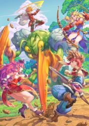 Rule 34 | 2boys, 2girls, absurdres, angela (seiken densetsu 3), armor, blonde hair, bow (weapon), brown footwear, brown hair, day, detached sleeves, dodging, earrings, fighting, gloves, grin, haccan, hair tubes, hat, headband, high heels, highres, holding, holding bow (weapon), holding sword, holding wand, holding weapon, imu (lom), jewelry, legend of mana, long hair, monster, multiple boys, multiple girls, non-web source, official art, open mouth, orange hair, outdoors, pointy ears, purple footwear, purple hair, randi (seiken densetsu 2), seiken densetsu, seiken densetsu 2, seiken densetsu 3, short hair, smile, sword, wand, weapon