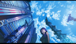 Rule 34 | 1girl, arsenixc, bird, building, citadel, cloud, day, foreshortening, from below, highres, isle of winds, letterboxed, purple eyes, purple hair, scenery, short hair, sky, solo, yumi (isle of winds)
