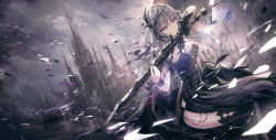 Rule 34 | 1girl, album cover, black dress, black gloves, black nails, breasts, building, cleavage, cloud, cloudy sky, commentary request, cover, day, dress, dutch angle, fingernails, gloves, grey hair, hair between eyes, highres, holding, holding sword, holding weapon, long hair, looking at viewer, medium breasts, missile228, nail polish, original, outdoors, purple eyes, short sleeves, side slit, single glove, sitting, sky, solo, sword, very long hair, weapon