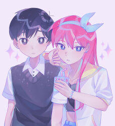 Rule 34 | 1boy, 1girl, antenna hair, aqua hairband, arms at sides, aubrey (faraway) (omori), aubrey (omori), bead bracelet, beads, black eyes, black hair, black shirt, black sweater vest, blue bracelet, blue eyes, bracelet, bright pupils, buttons, closed mouth, collarbone, collared shirt, crop top, denim, denim skirt, drink, drinking straw, hair between eyes, hairband, hand on another&#039;s shoulder, highres, holding, iro (mywife sunny), jacket, jewelry, juice box, long hair, looking at viewer, omori, open clothes, open jacket, parted lips, pink bracelet, pink hair, purple background, redrawn, sailor collar, shirt, short sleeves, skirt, sleeves rolled up, sparkle, sunny (omori), sweater vest, white jacket, white pupils, white shirt, yellow sailor collar, yellow trim