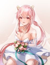 Rule 34 | 1girl, absurdres, bouquet, breasts, bridal veil, bride, choker, cleavage, dress, elbow gloves, fang, flower, formal, garter straps, gloves, hair between eyes, highres, holding, holding bouquet, large breasts, last origin, looking at viewer, misyune, open mouth, pink eyes, pink hair, ponytail, smile, solo, strapless, strapless dress, miho (last origin), veil, wedding dress, white dress, white gloves