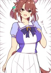 Rule 34 | 1girl, animal ears, breasts, brown eyes, brown hair, collarbone, commentary request, dantsu flame (umamusume), emphasis lines, hair ornament, highres, horse ears, horse tail, large breasts, looking at viewer, open mouth, school uniform, simple background, solo, tail, tracen school uniform, translated, umamusume, wahiko (black bastard), white background