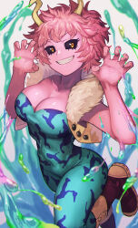 Rule 34 | 1girl, absurdres, acid, ashido mina, boku no hero academia, breasts, cleavage, collarbone, colored skin, highres, horns, large breasts, lc butter, looking at viewer, pink hair, pink skin, shiny skin, short hair, smile, solo, teeth