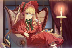 Rule 34 | 1girl, armchair, blonde hair, blue eyes, blunt bangs, bonnet, candle, candlestand, chair, closed mouth, crossed legs, cup, holding, holding cup, indoors, long sleeves, looking away, rozen maiden, sawamaharu, shinku, sitting, solo, teacup
