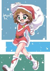Rule 34 | 1girl, :d, alternate costume, arm up, artist name, boots, brown hair, clenched hand, commentary, dress, full body, girls und panzer, green eyes, hat, highres, holding, holding sack, long sleeves, looking at viewer, open mouth, red dress, red hat, sack, sakaguchi karina, santa boots, santa costume, santa dress, santa hat, short dress, short hair, signature, smile, solo, standing, walking, white footwear, yamakake (tororo1293)
