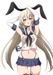 Rule 34 | 1girl, absurdres, anchor hair ornament, arms up, black hairband, black neckerchief, black panties, blonde hair, blue sailor collar, blue skirt, chestnut mouth, commission, crop top, elbow gloves, gloves, grey eyes, hair ornament, hairband, highleg, highleg panties, highres, kantai collection, long hair, looking at viewer, microskirt, miniskirt, navel, neckerchief, nishizuki shino, panties, pleated skirt, red thighhighs, sailor collar, shimakaze (kancolle), skirt, solo, thighhighs, underwear, white gloves