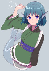 Rule 34 | 1girl, blue eyes, blue hair, fins, green kimono, grey background, hair between eyes, head fins, highres, japanese clothes, kimono, long sleeves, md5 mismatch, mermaid, monster girl, obi, resolution mismatch, sash, short hair, simple background, solo, source smaller, sparkle, touhou, tsukebo, wakasagihime, water drop, wide sleeves