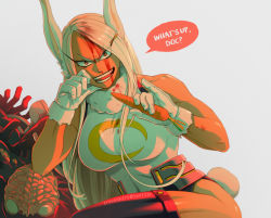 Rule 34 | 1girl, animal ears, arm rest, bad id, bad pixiv id, bare arms, bare shoulders, blood, blood in hair, blood on clothes, blood on face, boku no hero academia, brain, carrot, corpse, crescent print, dark-skinned female, dark skin, death, english text, evil smile, eyes visible through hair, food, fur collar, gloves, hair ornament, hairclip, hand on own cheek, hand on own face, hands up, head rest, heattech leotard, holding, holding food, holding vegetable, leaning to the side, leotard, long eyelashes, long hair, looking at viewer, looney tunes, mirko, nosebleed, parody, pinky out, rabbit ears, rabbit girl, sitting, smile, solo, superhero costume, taut leotard, thighhighs, toned, trevo (trevoshere), turtleneck, twitter username, v-shaped eyebrows, vegetable, white hair