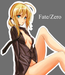 Rule 34 | 1girl, ahoge, artoria pendragon (all), artoria pendragon (fate), bad id, bad pixiv id, blonde hair, breasts, cleavage, fate/stay night, fate/zero, fate (series), green eyes, harino646, long hair, medium breasts, necktie, open clothes, open shirt, outline, ponytail, saber (fate), shirt, simple background, solo, white outline