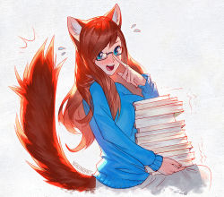 Rule 34 | ^^^, 1girl, :d, animal ears, artist name, blue-framed eyewear, blue sweater, blush, book, book stack, cat ears, cat tail, flying sweatdrops, glasses, grey background, grey skirt, holding, holding book, index finger raised, long hair, looking at viewer, motion lines, nana nakano, on lap, open mouth, original, red hair, semi-rimless eyewear, simple background, sitting, skirt, smile, solo, surprised, sweater, tail, trembling, under-rim eyewear