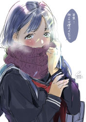 Rule 34 | 1girl, absurdres, bag, black serafuku, black shirt, blue hair, blush, closed mouth, covered mouth, enpera, geshumaro, green eyes, highres, long sleeves, looking at viewer, neckerchief, original, red neckerchief, red scarf, scarf, school uniform, serafuku, shirt, shoulder bag, signature, simple background, solo, translation request, upper body, white background