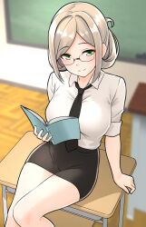 Rule 34 | 1girl, black necktie, black skirt, blurry, blurry background, blush, book, breasts, chair, classroom, closed mouth, collared shirt, desk, feet out of frame, folded ponytail, furaggu (frag 0416), glasses, green eyes, highres, holding, holding book, indoors, kantai collection, katori (kancolle), large breasts, light brown hair, long hair, looking at viewer, necktie, school chair, school desk, shirt, short sleeves, sitting, skirt, smile, solo, white shirt