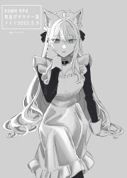 Rule 34 | 1girl, absurdres, animal ears, apron, arm support, blue eyes, breasts, cat ears, cleavage, commentary request, detached collar, dress, greyscale, highres, large breasts, long hair, long sleeves, looking at viewer, maid, maid apron, maid headdress, monochrome, noripro, parted lips, shirayuki mishiro, sitting, solo, spot color, translation request, twitter username, virtual youtuber, yuri kyanon