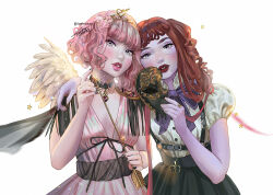 Rule 34 | 2girls, angel wings, black mask, black nails, blue eyes, chariclo arganthone cupid, colored skin, dress, feathered wings, holding, holding mask, jewelry, long hair, looking at viewer, mask, monster high, multiple girls, operetta (monster high), pink dress, pink gemstone, pink hair, pink skin, puffy short sleeves, puffy sleeves, purple skin, red hair, red lips, ring, short hair, short sleeves, toshiasan, two side up, wavy hair, white wings, wings