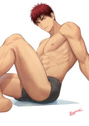 Rule 34 | 1boy, abs, bara, feet out of frame, grey male underwear, kagami taiga, knee up, kuroko no basuke, looking at viewer, male focus, male underwear, muscular, muscular male, nipples, on floor, parted lips, pectorals, red eyes, red hair, short hair, signature, simple background, solo, thighs, underwear, underwear only, white background, zawar379