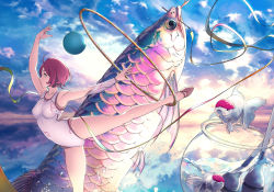 Rule 34 | 1girl, arm up, ballerina, ballet slippers, breasts, closed mouth, cloud, cloudy sky, detached sleeves, fish, fishbowl, hoop, leotard, medium breasts, original, profile, red hair, reflection, ribbon, short hair, sky, solo, standing, standing on one leg, stealthmaria, sunrise, yellow eyes