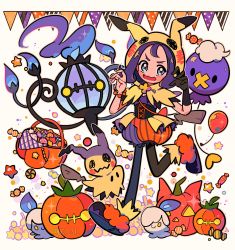 Rule 34 | 1girl, acerola (fall 2020) (pokemon), acerola (pokemon), balloon, bead bracelet, beads, black pantyhose, blush stickers, bracelet, capelet, chandelure, chueog, commentary, creatures (company), drifloon, flipped hair, game freak, gen 4 pokemon, gen 5 pokemon, gen 7 pokemon, gloves, halloween bucket, hands up, highres, hood, hooded capelet, jewelry, leg up, litwick, medium hair, mimikyu, multicolored footwear, nintendo, official alternate costume, open mouth, orange bracelet, orange shorts, pantyhose, pantyhose under shorts, pokemon, pokemon (creature), pokemon masters ex, pumpkin, purple hair, shoes, shorts, single glove, smile, striped clothes, striped shorts, themed object, tongue, twitter username, vertical-striped clothes, vertical-striped shorts, waist cape