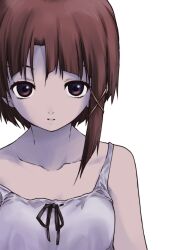 Rule 34 | 1girl, asymmetrical hair, bare shoulders, black ribbon, brown eyes, brown hair, camisole, collarbone, expressionless, hair ornament, highres, iwakura lain, looking at viewer, parted lips, ribbon, serial experiments lain, short hair, simple background, single sidelock, solo, take shinobu, upper body, white background, x hair ornament
