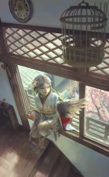 Rule 34 | 1girl, bird, day, drinking bird, female focus, from above, grey hair, harpy, highres, indoors, japanese clothes, kimono, monster girl, origami, original, paper crane, realistic, sitting, solo, tunapon01, window, winged arms, wings, yellow eyes